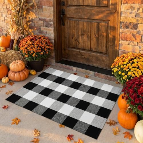 SEEKSEE Fall Decor Buffalo Plaid Outdoor Rug 2' x 3' Black and White Front Door Mat, Layering Rug for Porch, Washable Doormat, Cotton Area Rug for Outdoor Entrance Entryway Patio Porch Decor by SEEKSEE