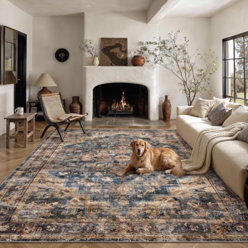 GarveeHome 8x10 Washable Rugs for Living Room Vintage Rug Blue&Brown by GarveeHome
