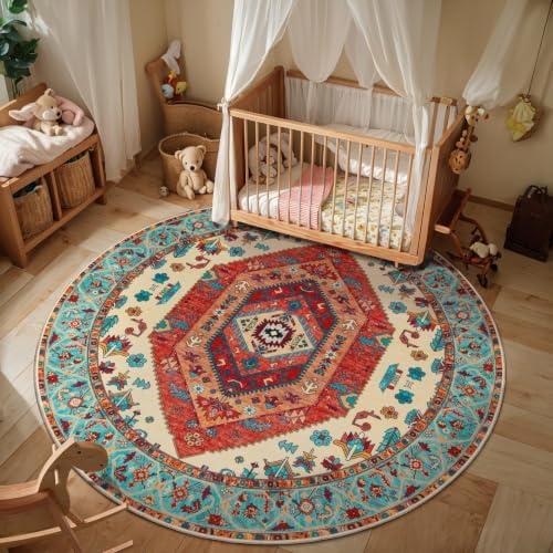 SERISSA 4ft Washable Non Slip Round Boho Area Rug for Bedroom，Orange - Image 2