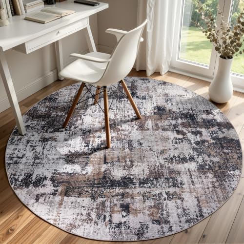 Sasttie 4ft Round Area Rug, Modern Abstract Circle Carpet, Black & Brown by SASTTIE