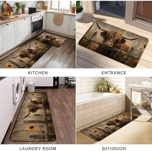 Farmhouse Kitchen Rugs Sets of 2 Non Slip Washable, Country Rustic Brown Highland Cow Kitchen Mats for Floor 2 Piece Home Decor - Image 7
