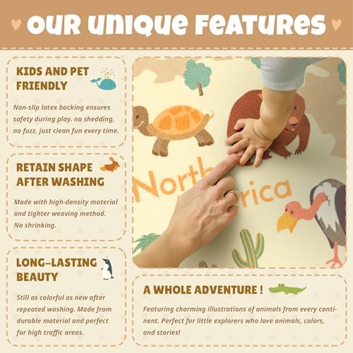 Huge Kids Rugs for Living Room - 9x12 Large Classroom Rug for Children Play & Learning, Washable Ultra Soft World Map Carpet with Ocean, Continents & Cute Animals - Image 7