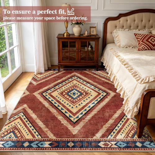 Boho Washable Rugs 5x7ft for Living Room, Vintage Red Soft Bedroom Kids Nursery Area Rugs Non Slip, Moroccan Thin Dining Room Area Floor Carpets for Playroom Kitchen Home Office Decor - Image 3