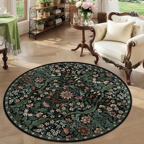 Round Rug 4ft Floral Circle Rug Black Botanical Indoor Area Rugs by NakedCloud