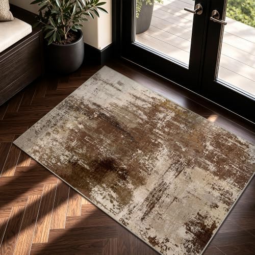 2x3 Rugs for Entryway - Modern Abstract Washable Rug, Ultra Soft Non Slip Low Pile Small Rug, Floor Carpet for Foyer Hallway Kitchen Laundry Bedroom Home(A‑Brown) by Yarooge