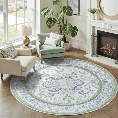 DCX Green and Blue Rug 4x4 Botanical Floral Round Rug by DCXWashableRug