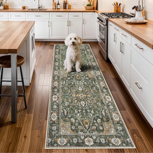 Washable 3x8 Hallway Runner Rug - Kitchen Rugs Ultra Soft Entryway Rug Runner Vintage Floral Floor Mat Non-Slip Low Pile Indoor Farmhouse Carpet for Bathroom Living Room Bedroom (Green,3x8) by RUUGME