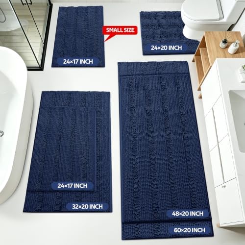 ACCUMTEK Striped Navy Blue Toilet Bathroom Rug Mat Set 2 piece Rug Ultra Soft, Non Slip Chenille Bath Rugs, Absorbent Plush Shaggy Bath Mats for Bathroom, Bedroom, Kitchen, Shower, Tub - Image 2