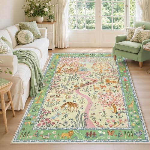 Tribesigns Washable Animal Floral 5x7 Kids Playroom Rug, Soft Cute Green Nursery Rugs for Bedroom, Non-Slip Low Pile Indoor Zoo Carpet Rugs for Kids Room Living Room, Green/5x7 - Image 2