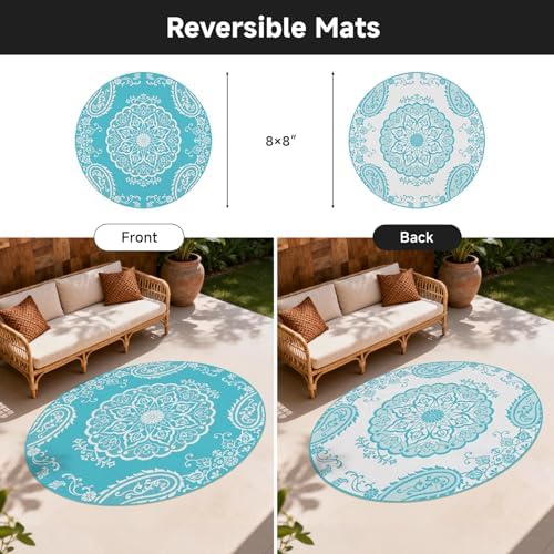 Pauwer Outdoor Rug 8ft, Waterproof Plastic Straw Camping Rug, Boho Teal - Image 2