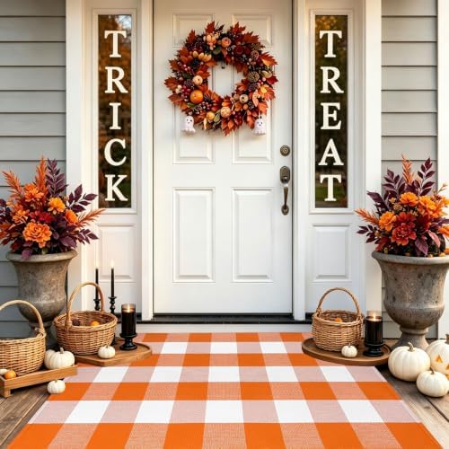 Fall Door Mat 2'4" x 3'7" Orange and White Bufflao Plaid Rug Layered Mat by BOTTA