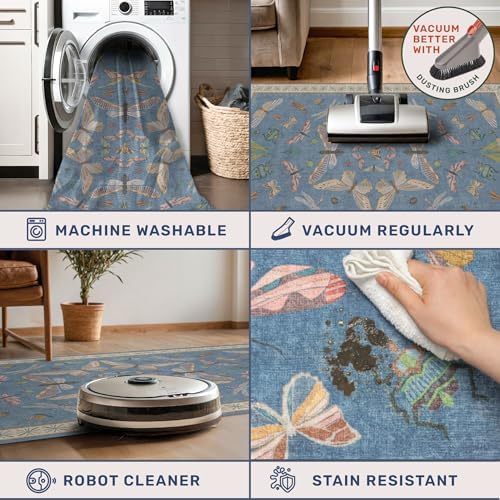 Hazo Haus 2x7 Washable Bedroom Runner Rug, Blue Boho Non Slip Rug for Kitchen, Bathroom, Laundry Room & Hallway, Rubber Backed Insect Print Runner Carpet - Image 5