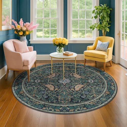 Washable Round Area Rug 6ft for Living Room, Soft Round Carpet Non-Slip with Rubber Backing, Vintage Large Circle Rug for Bedroom Kitchen Nursery, Dark Navy Blue Oriental Floral Décor - Image 3