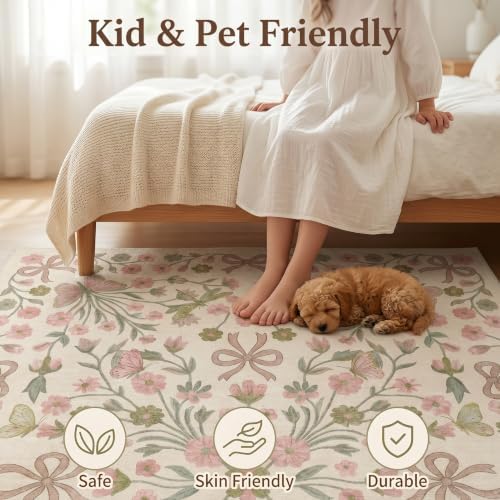 9x12 Pink and Green Vintage Floral Butterfly Bow Living Room Rug - Image 6