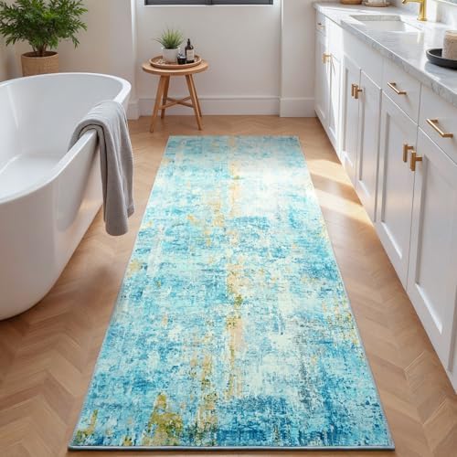 Runner Rug for Kitchen Teal Blue Hallways Runner Rug Non Slip 2'6''x8' Washable Long Runner Rugs with Rubber Backing Soft Abstract Carpet Runner for Entryway, Kitchen, Bedroom, Bathroom - Image 3