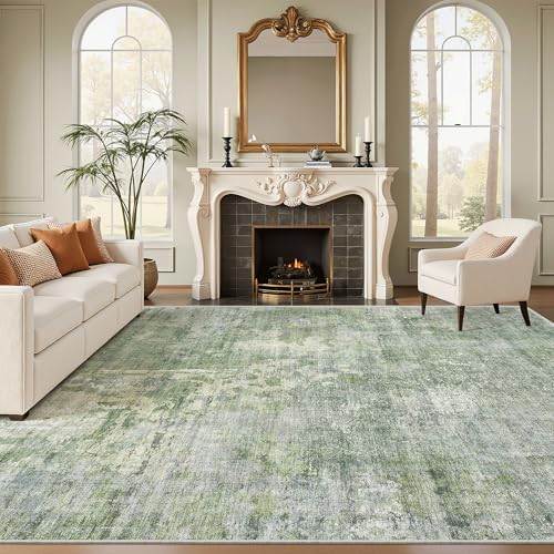 Soalmost Abstract Rug 8x12 Large Living Room Area Rugs Washable Green/Ivory - Image 2