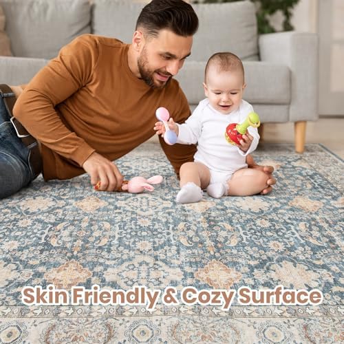 cotiled 5x8 Area Rug for Living Room, Washable, Traditional, Dark Blue - Image 4