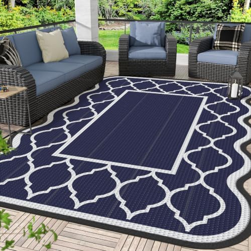 GENIMO Outdoor Rug, Waterproof Plastic Rugs for Patio, 6'x9' Blue Lvory by GENIMO