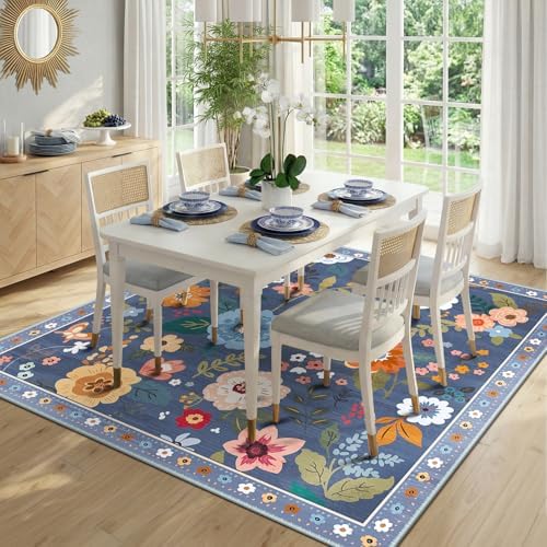 RELEANY Floral Washable Square 6ft Area Rug Blue/Grey - Image 2