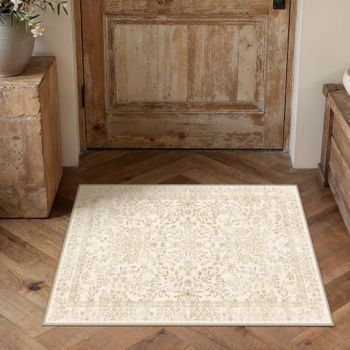 PureCozy 2x3 Beige Brown Floral Small Entryway Rug Vintage Farmhouse Style by PureCozy