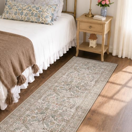 Vintage Floral Moss 2x6 Bathroom Runner Rug Non Slip - Washable Low Pile Hallway Runner, Thin Neutral Taupe Green Traditional Decor Floor Carpet for Entryway, Laundry Room, Bedroom - Image 3