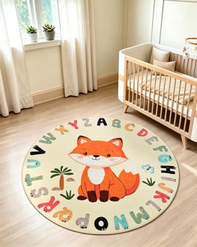 TWINNIS Kids Animal Print Round Rug for Playroom, Alphabet Washable Area Rugs for Boy Girl Baby Toddler Children, 4x4 Cute ABC Mat Play Carpet Nursery Bedroom Decor, Fox - Image 2