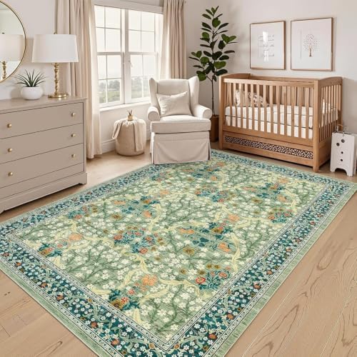 GarveeHome 6x9 Washable Area Rug for Living Room, Floral Dining Room Rugs for Under Table, Low Pile Non-Slip Stain Resistance Floor Carpet for Bedroom, Sage Green - Image 4