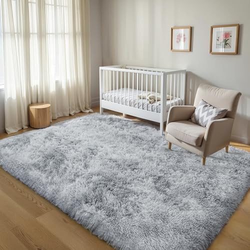 KICHOWUA 5x8 Thick Light Grey Fluffy Shag Rug for Bedroom, Plush Washable - Image 6
