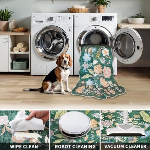 3x12 Washable Hallway Runner Rug: Floral Scalloped Kitchen Runner Rug Green - Image 6