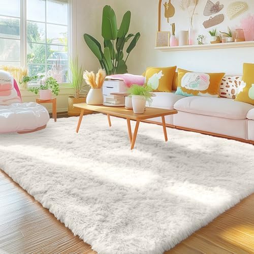 OLANLY 4x7 Area Rugs for Living Room Bedroom, Machine Washable Soft Fluffy Shaggy Bedside Rug, Indoor Floor Carpet for Kids Girls and Boys, Dorms, Nursery Rooms, Home Decor Aesthetic, Ivory - Image 5
