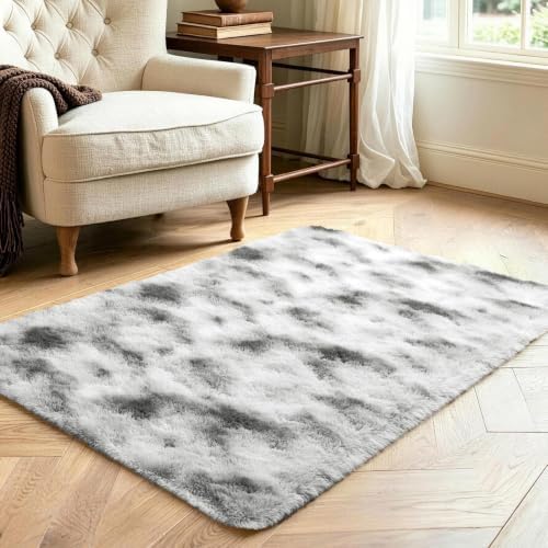 2x3 Tie-Dyed Grey and White Fluffy Area Rug Non-Slip for Entryway Bedroom - Image 3