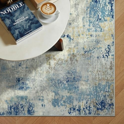 Lahome Modern Abstract Area Rug 3x5, Washable Bedroom Rug Soft Throw Entry Mat Contemporary Faux Wool Non-Slip Stain Resistant Carpet for Living Room Kitchen Bath Office, Blue/Yellow/Ivory - Image 4