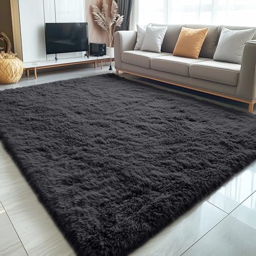 OLANLY 5x9 Machine Washable Large Area Rugs for Living Room, Bedroom, Soft Fluffy Shaggy Bedside Rug, Indoor Floor Carpet for Kids Girls and Boys, Dorms, Nursery, Home Decor Aesthetic, Black - Image 3