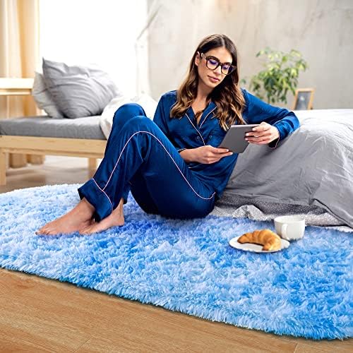 Noahas Oval Fluffy Blue Rainbow Rug 2.6X5.3 Small Kids Rugs for Bedroom Girls And Boys Aesthetic,Bedside Bedroom Rug,Ultra Soft Runner Carpet Modern Shaggy Nursery Area Rugs Home D飯r - Image 3