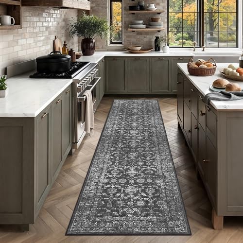 2x8 Washable Kitchen Runner Rug Non-Slip Vintage Black Throw Carpet - Image 2
