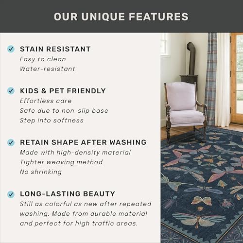 9x12 Washable Farmhouse Area Rug for Living Room, Bedroom & Dining Room Under Table, Dark Blue Boho Insect Design Carpet, Vintage Moth Décor, Soft Low Pile Rug - Image 6