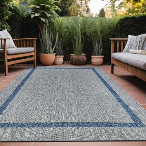 Luul Home Bordered Outdoor Rug 10x14 Washable Outside Carpet for Indoor Patio Porch Waterproof Easy Cleaning Non Shedding Area Rugs Silver Gray - Blue 10 x 14 by Unknown