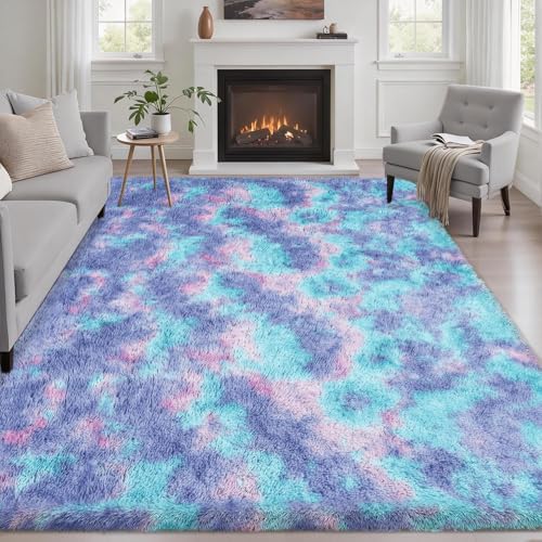 Area Rug Living Room Bedroom: 5x7 Fluffy Plush Shag Carpet Rainbow by Luxturiy