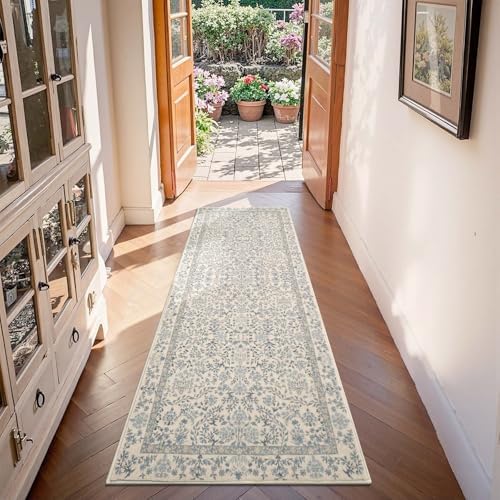 jinchan 2x6 Washable Hallway Runner Rug, Floral Non-Slip, Blue/Cream - Image 2