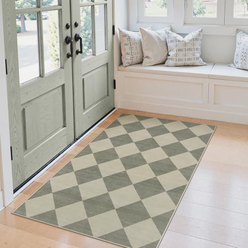 Beeiva Checkered Print Bedroom Area Rug 3x5, Non Slip Ultra Thin Washable Entryway Rug Low Pile Soft Bathroom Rugs Green, Moroccan Farmhouse Trellis Throw Rugs for Kitchen Office Kids Room - Image 3