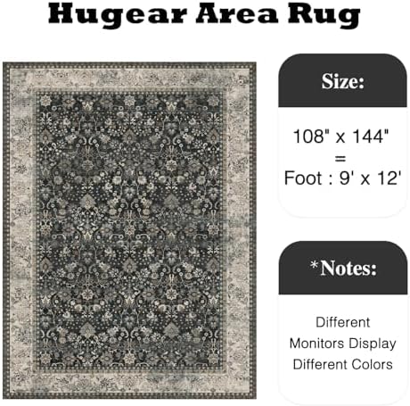 HUGEAR 9x12 Black Beige Vintage Floral Washable Area Rug for Living Room - Image 2