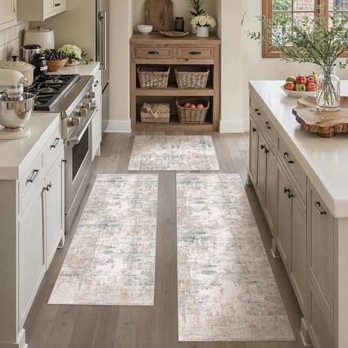 Washable Beige Blue Neutral Kitchen Runner Rug Set of 3 by WondRg