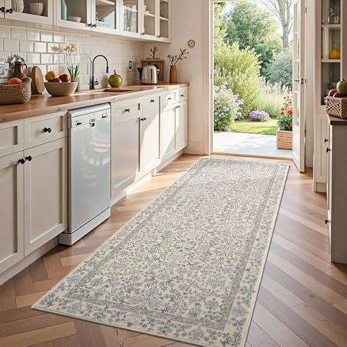 jinchan 3x10 Washable Hallway Runner Rug, Floral Non-Slip, Blue/Cream by JINCHAN