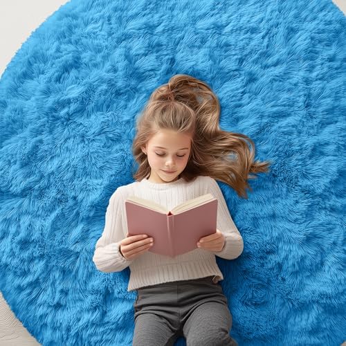 OLANLY Bright Blue Round Rugs for Bedroom - Machine Washable, 5 ft Circle Area Rugs for Living Room, Soft and Fluffy Shaggy Carpet for Teen Girl and Boys, Nursery Rooms, Dorms, Home Decor Aesthetic by OLANLY