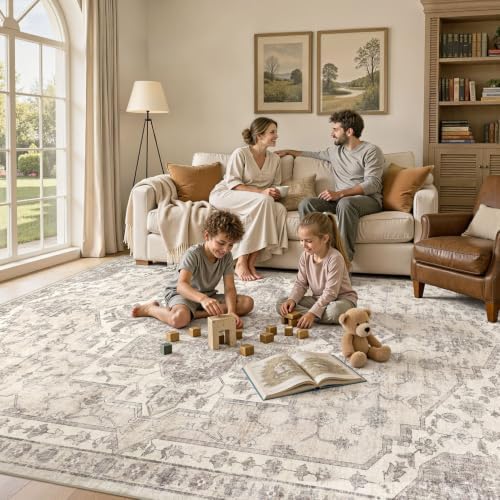 UERMEI 9x13 Area Rug for Living Room Washable Vintage Non Slip Beige Carpet - Image 4