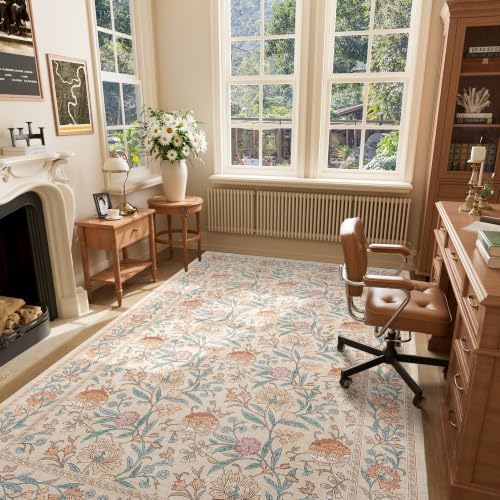 DUKINO 5x8 Area Rug, Vintage Floral Washable Rugs for Living Room, Beige - Image 3