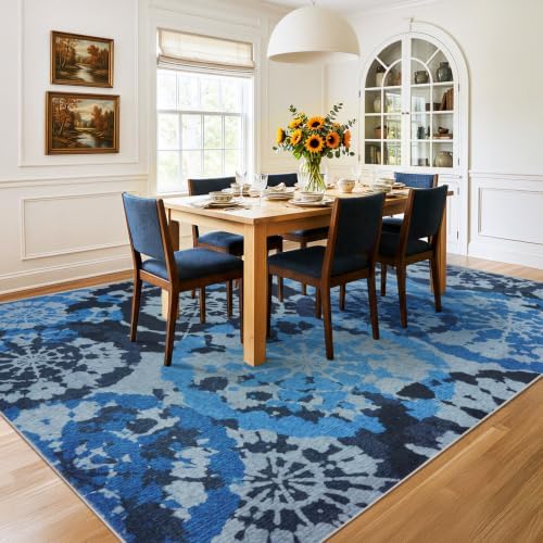Large Boho Vintage 8x10 Area Rug, Blue Grey Low-Pile Washable Rug - Image 4
