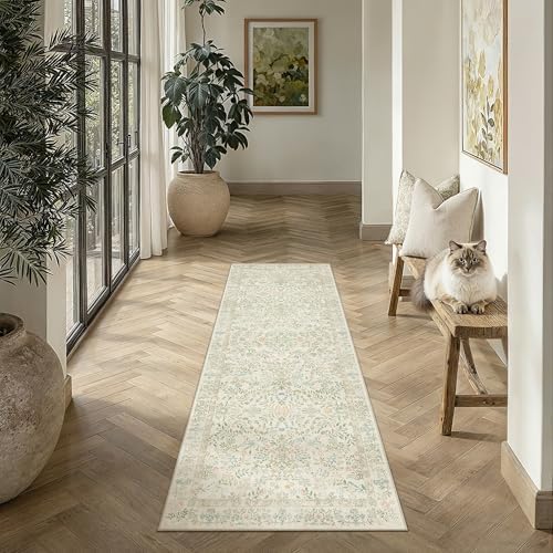 PureCozy 2x6 Light Green Floral Runner Rug Vintage Farmhouse Style by PureCozy