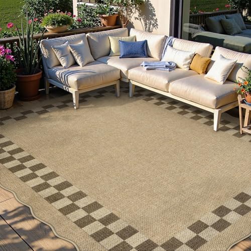 LIVEBOX Scalloped Easy Jute Checkered 8x10 Outdoor Rug, Washable Farmhouse Tan Rugs for Living Room Bedroom, Geometric Indoor Outdoor Non Slip Rug Dining Room Mat Carpet for Patio Backyard Home Decor - Image 3