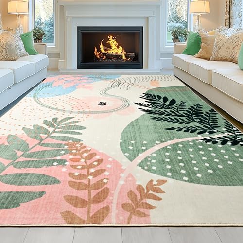 ST. BRIDG Green Botanical Print Washable Rugs for Living Room Bedroom, 4x6 Washable Area Rugs Ultra-Thin Soft Boho Rug, Non Slip Low Pile Stain Resistant Carpet for Kitchen, Laundry, Dining Room - Image 7